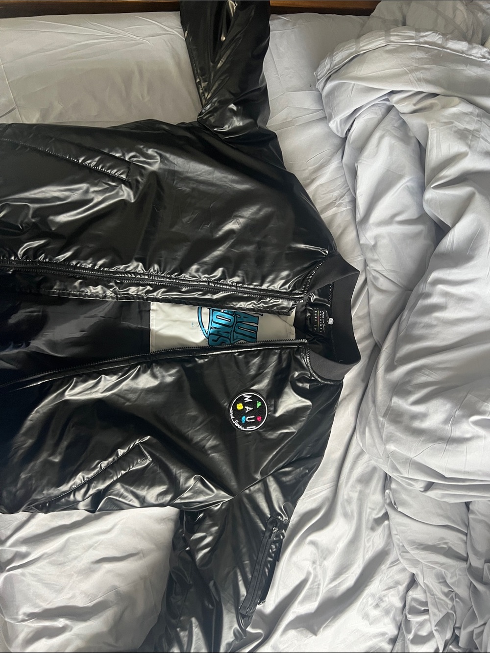 Maui and Sons Black Shiny Bomber Jacket with Logo Patch